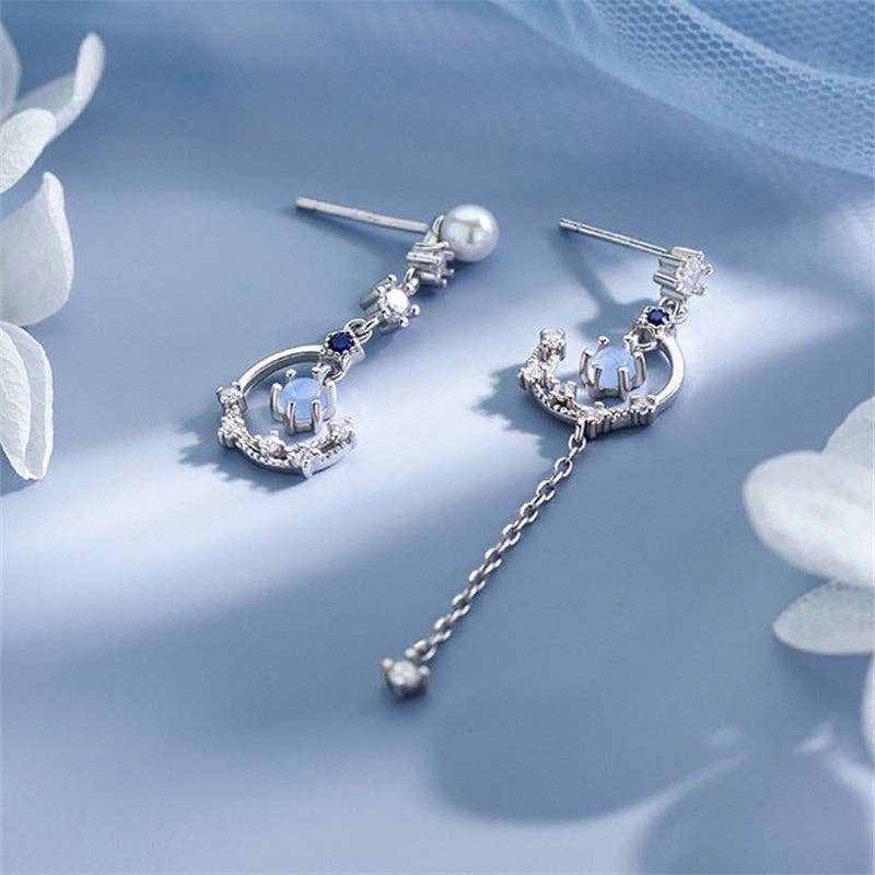 Perimade & Co. LLC - Moon Star Moonstone Drop Earrings in 925 Sterling Silver