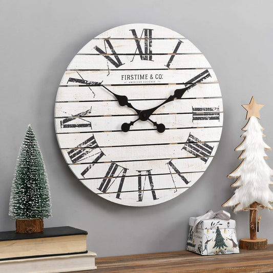 & Co. White Farmhouse Shiplap Wall Clock, Large Vintage Decor for Living Room, Home Office, Round, Wood, Boho, 18 Inches