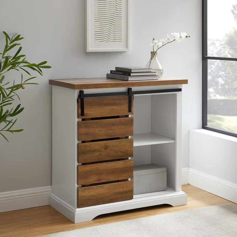 32 In. Solid White/Rustic Oak Rustic Farmhouse Sliding Slat Door Accent Console