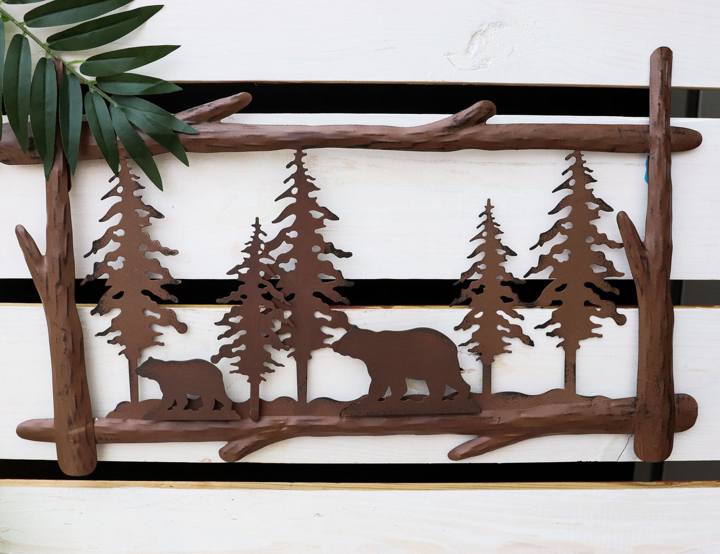 23"L Rustic Forest Black Bear and Cub by Pine Trees Metal Wall Art Sign Plaque