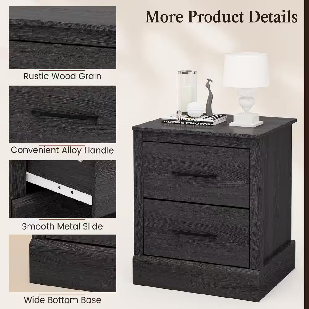 Dark Grey Oak 2-Drawer Nightstand Bedside Table Compact Sofa End Table