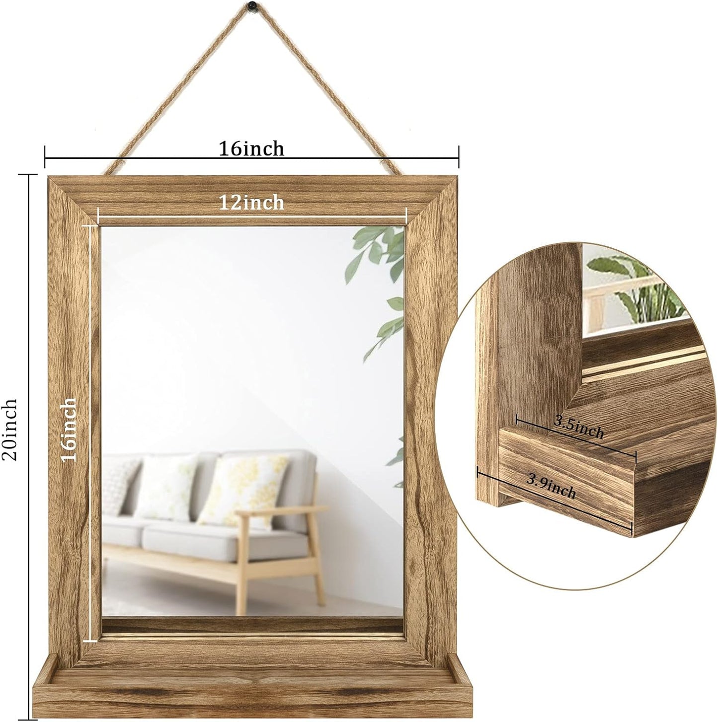Wall Mirror with Shelf, 20 X 16 Inch Farmhouse Decor Wall Mirror Hanging for Bathroom, Vanity, Bedroom, Entryway, Living Room (Rustic Brown)