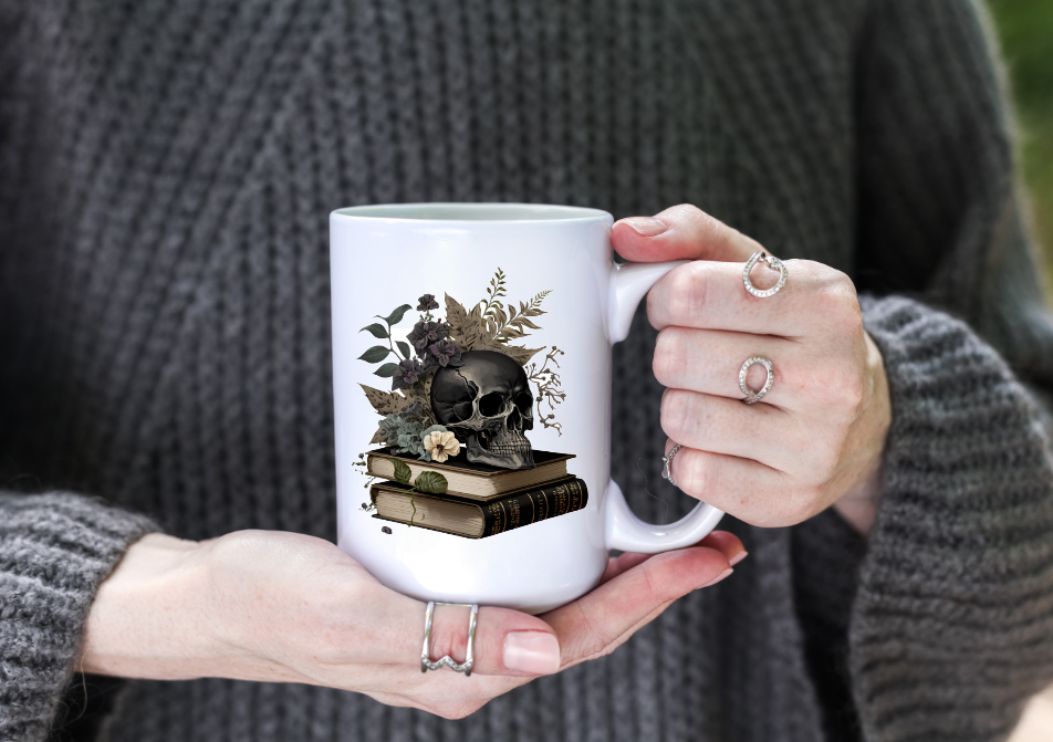 Prairie Chicken Sticker Shop & Gifts - Gothic Skull & Books 15oz Coffee Mug