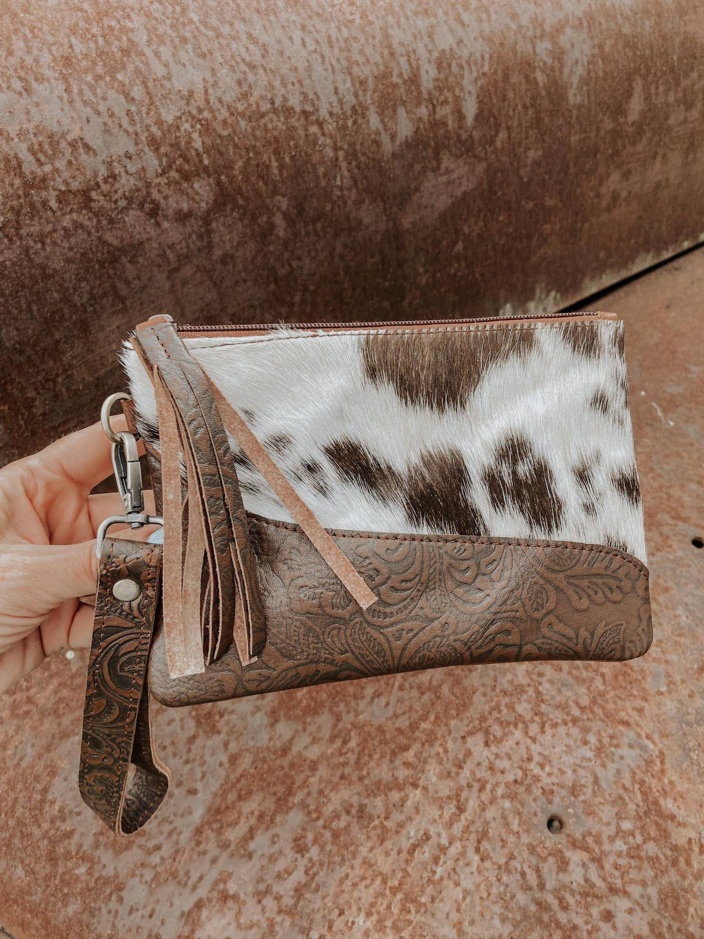 Texas Western Cowhide Bags and More - Embossed Leather Cowhide Wristlet  4 colors
