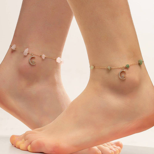Perimade & Co. LLC - Crystal Raw Stone Bead Moon Charm Anklet in Solid Copper