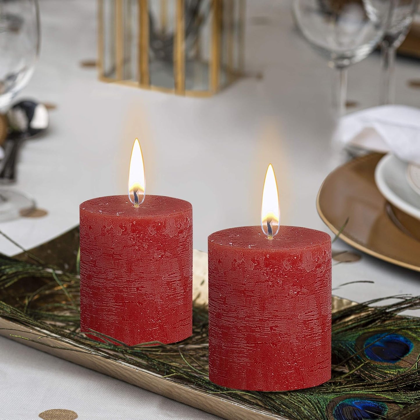 Rustic Red Unscented Pillar Candles - 2.75" X 3.25" Decoration Candles Set of 3 - Clean Burning Dripless Dinner Candles for Wedding & Home Decor Party Restaurant Spa- Aprox (80X68M)