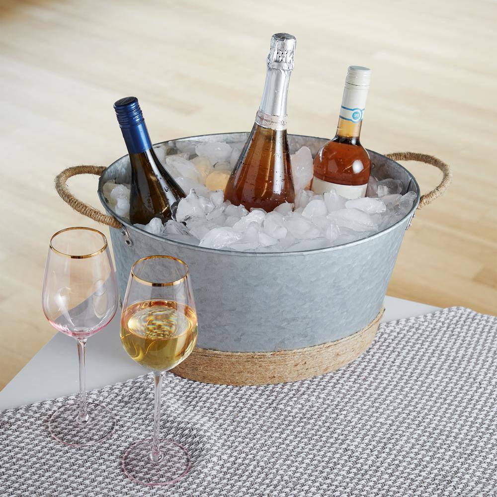 4.5 Gal. Seaside Jute Rope Wrapped Farmhouse Galvanized Ice Metal Beverage Tub, Wine, Beer Bottle Bucket