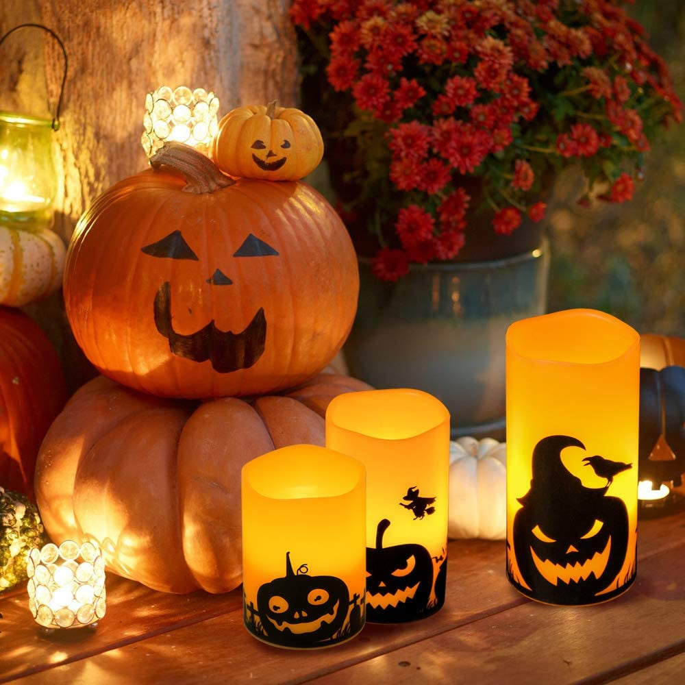 Halloween Flameless Candles, LED Flickering Battery Pillar Candles with 6H Timer and Pumpkin Decals, Spooky Fall Halloween Festival Party Decoration Set of 3 (D 3β X H 4β 5β 6β)