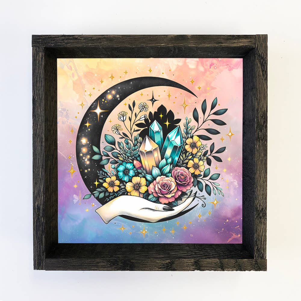 Hangout Home - Celestial Moon Hand - Moon Canvas Art - Wood Framed Decor