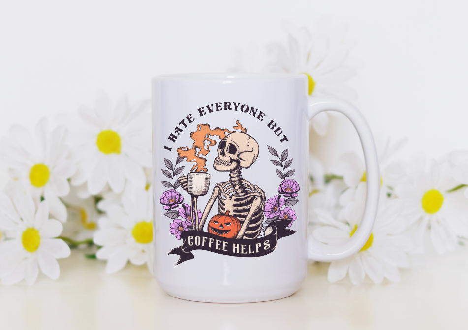 Prairie Chicken Sticker Shop & Gifts - I Hate Everyone But Coffee Helps Halloween 15oz Coffee Mug