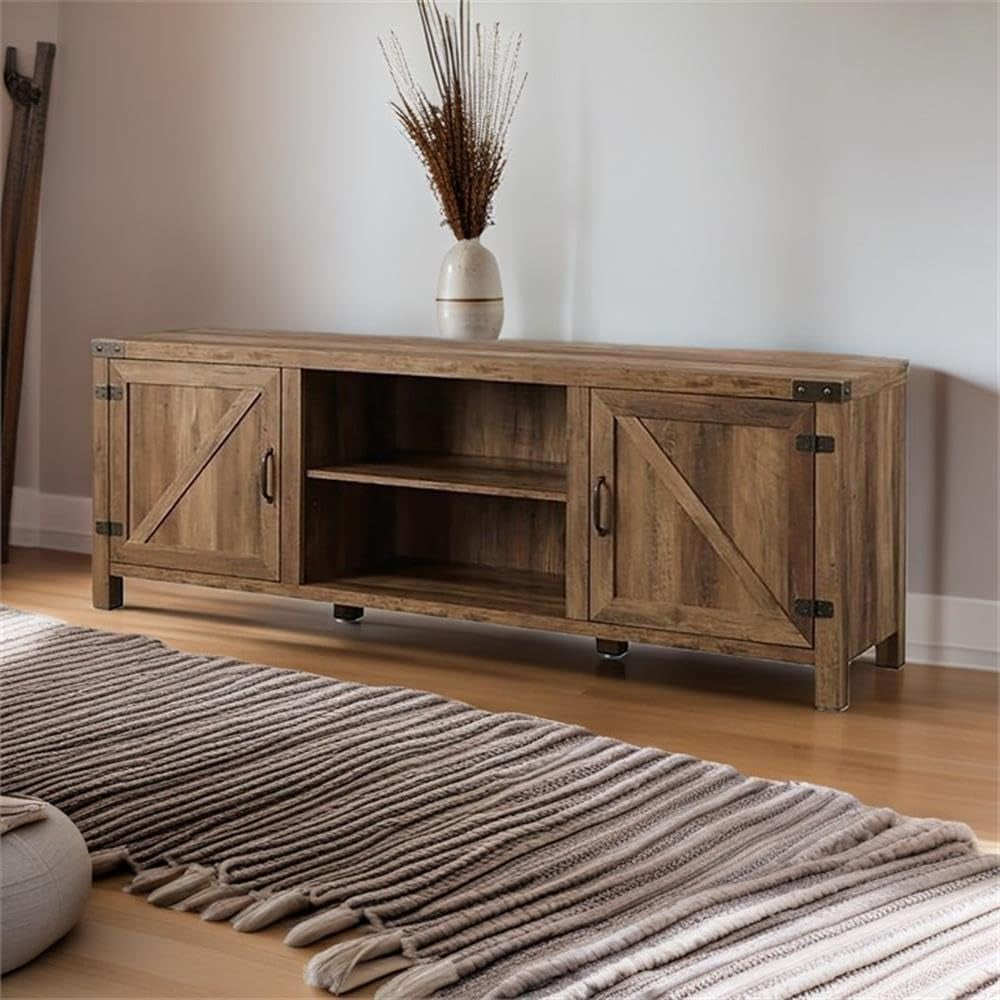 70" Farmhouse Barn Door Rustic Wood TV Stand Console with Storage in Rustic Oak