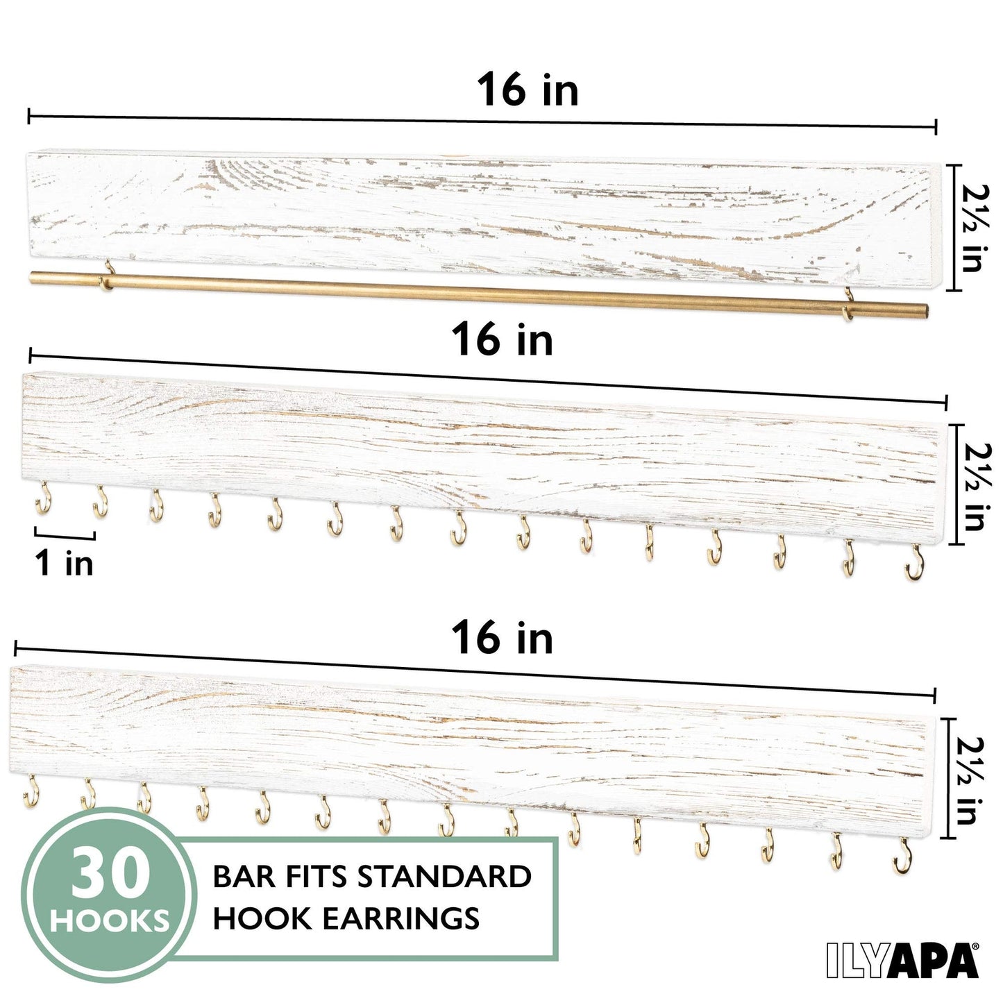 Jewelry Organizer Wall Mount Necklace Hanger White Wood Rustic Earring Rack