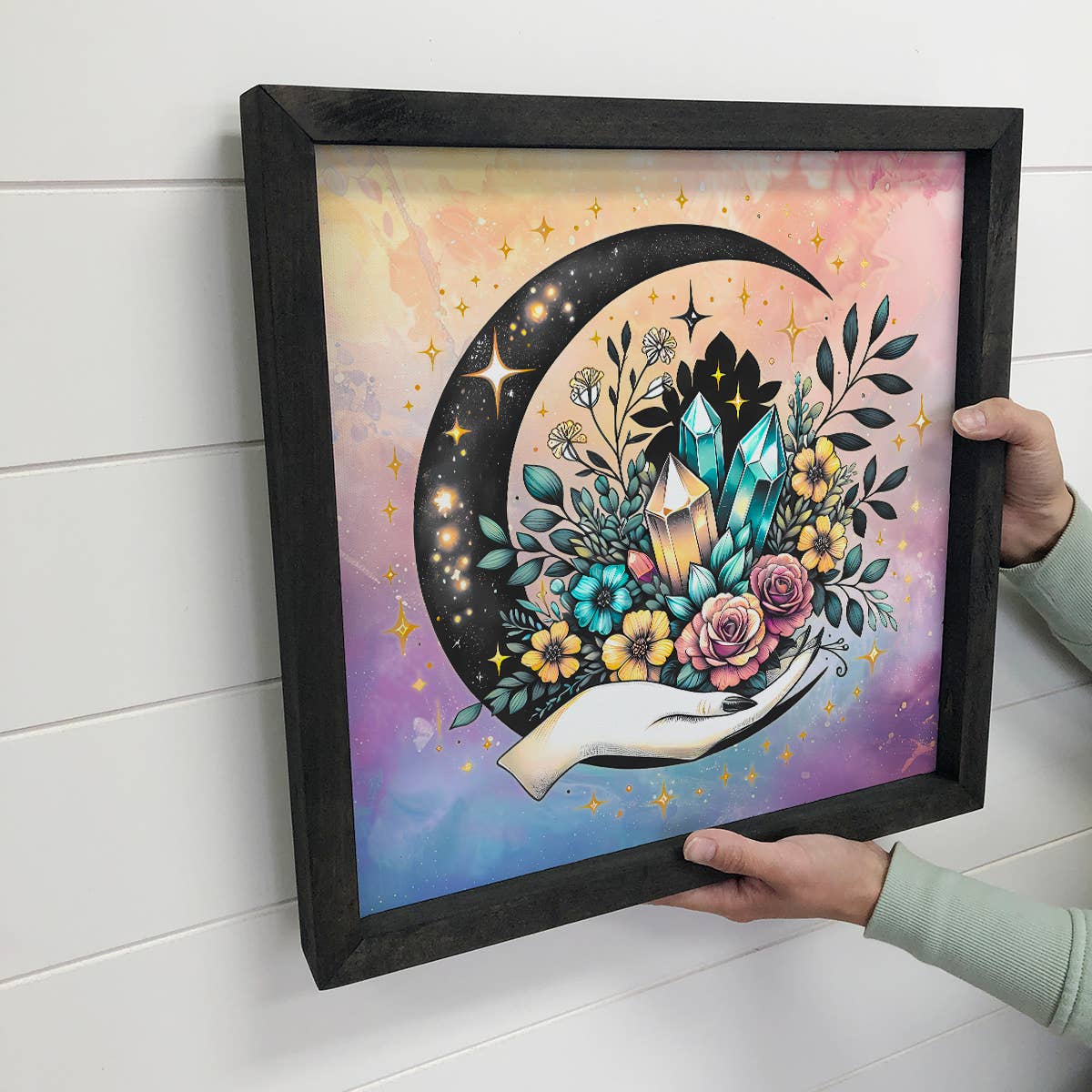 Hangout Home - Celestial Moon Hand - Moon Canvas Art - Wood Framed Decor