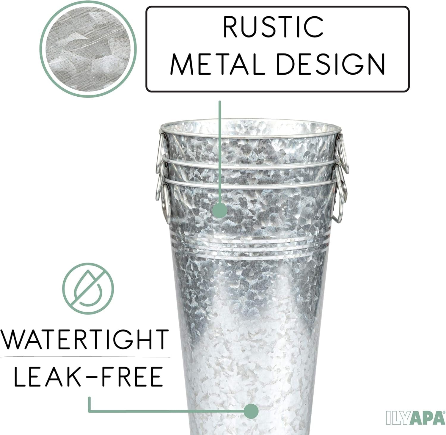 Galvanized Metal Flower Vase 3 Pack - 13" Tall Rustic Farmhouse Bucket Planter Pots