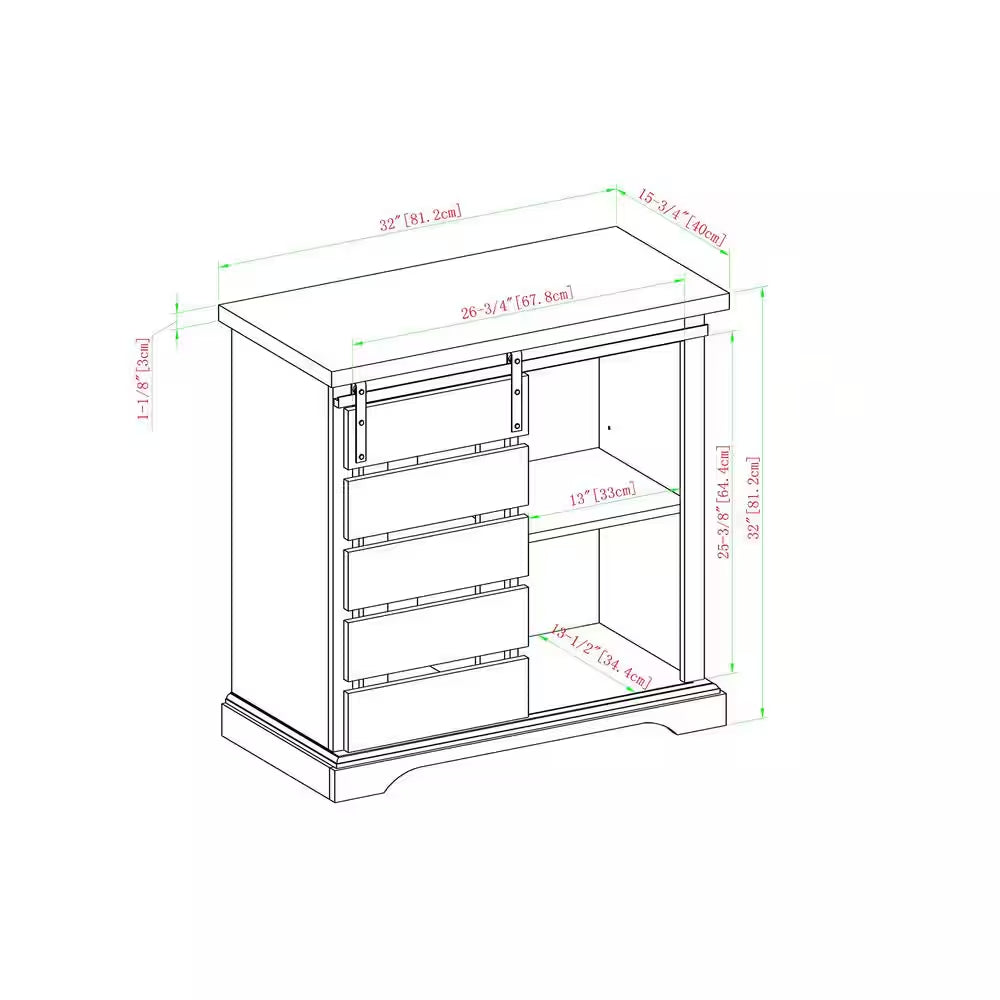 32 In. Solid White/Rustic Oak Rustic Farmhouse Sliding Slat Door Accent Console