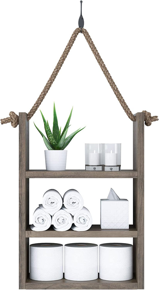 SFC Rustic Wood Bathroom Shelf over Toilet, Wall Mounted, Ladder Style Rope Hanging Shelf (Large)