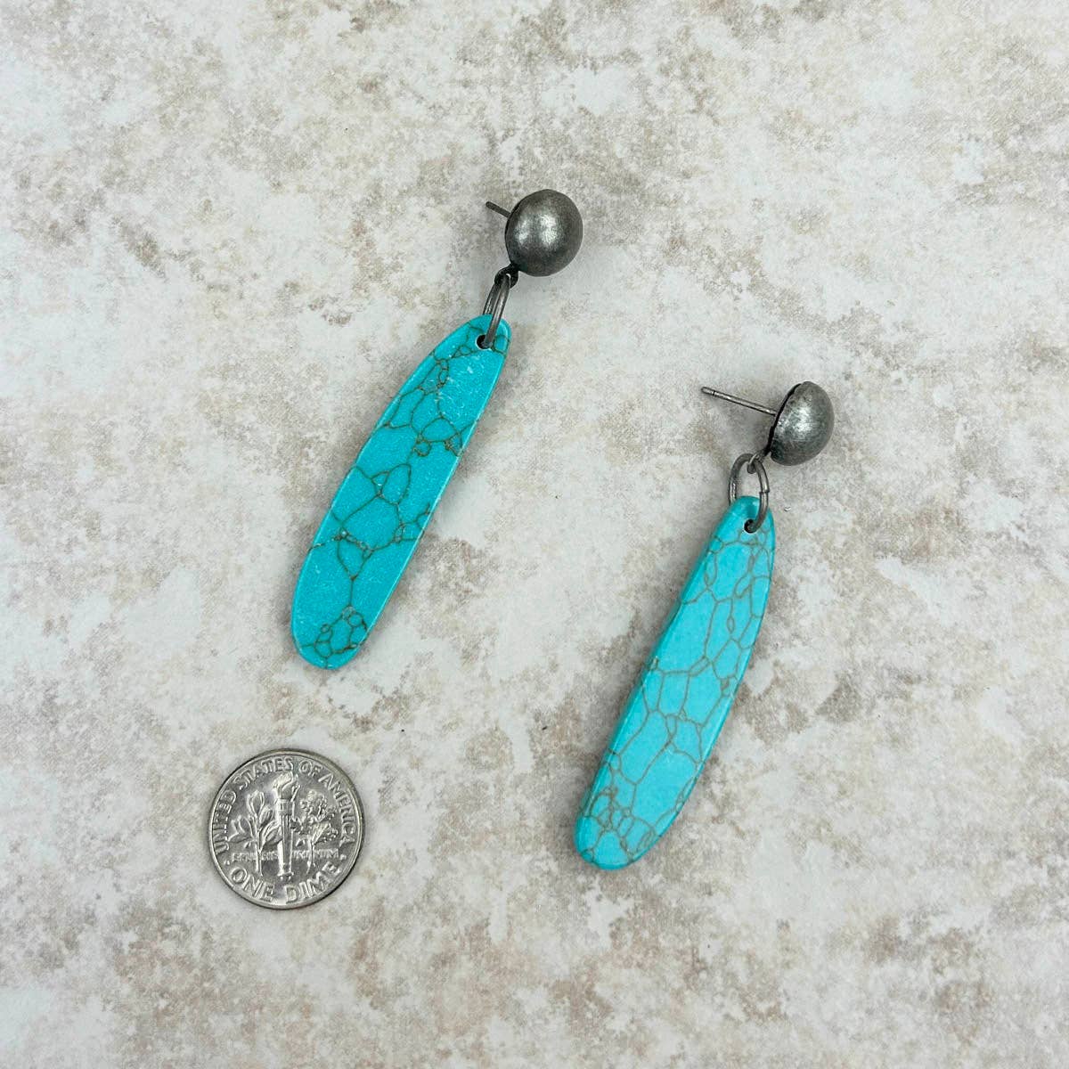 Western Elite Jewelry - Silver and Blue Turquoise Stone Teardrop Dangle Earrings