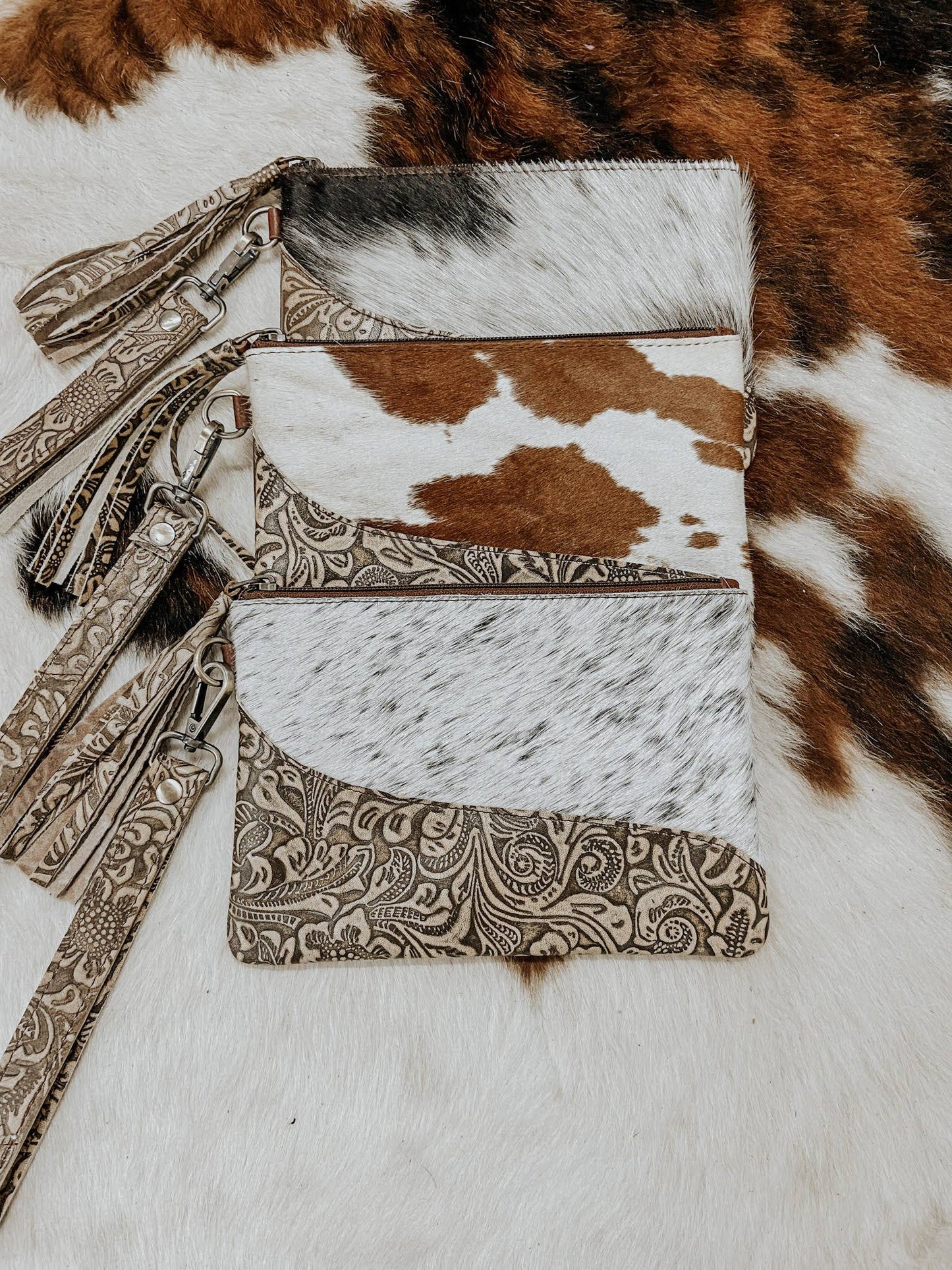 Texas Western Cowhide Bags and More - Embossed Leather Cowhide Wristlet  4 colors