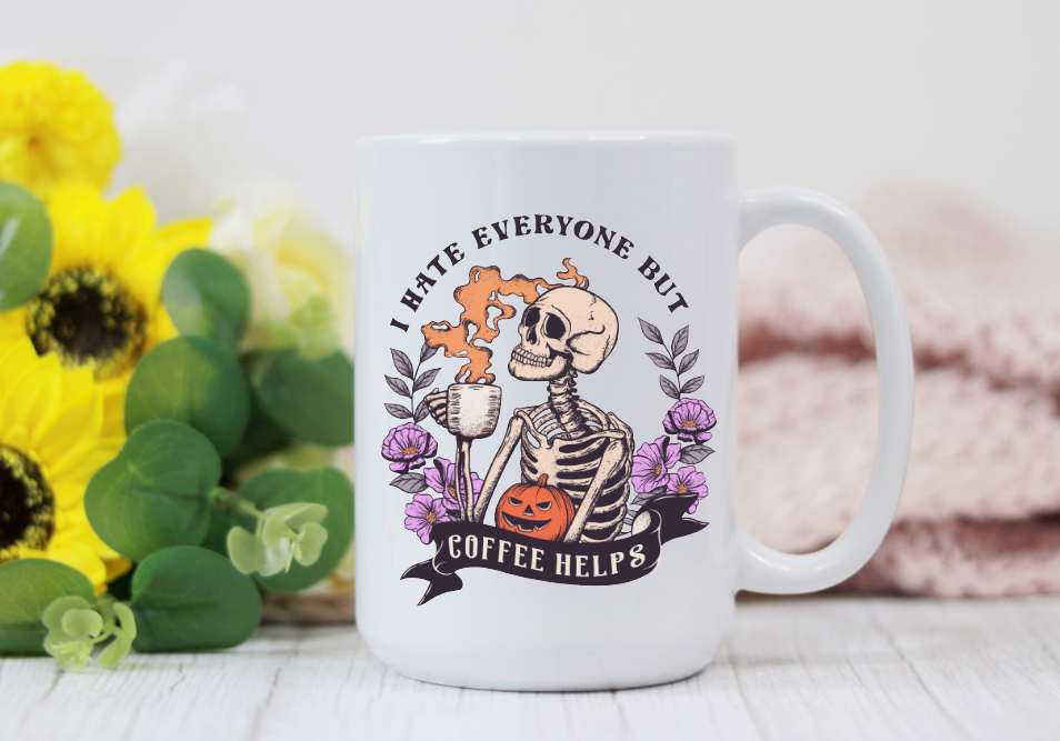 Prairie Chicken Sticker Shop & Gifts - I Hate Everyone But Coffee Helps Halloween 15oz Coffee Mug