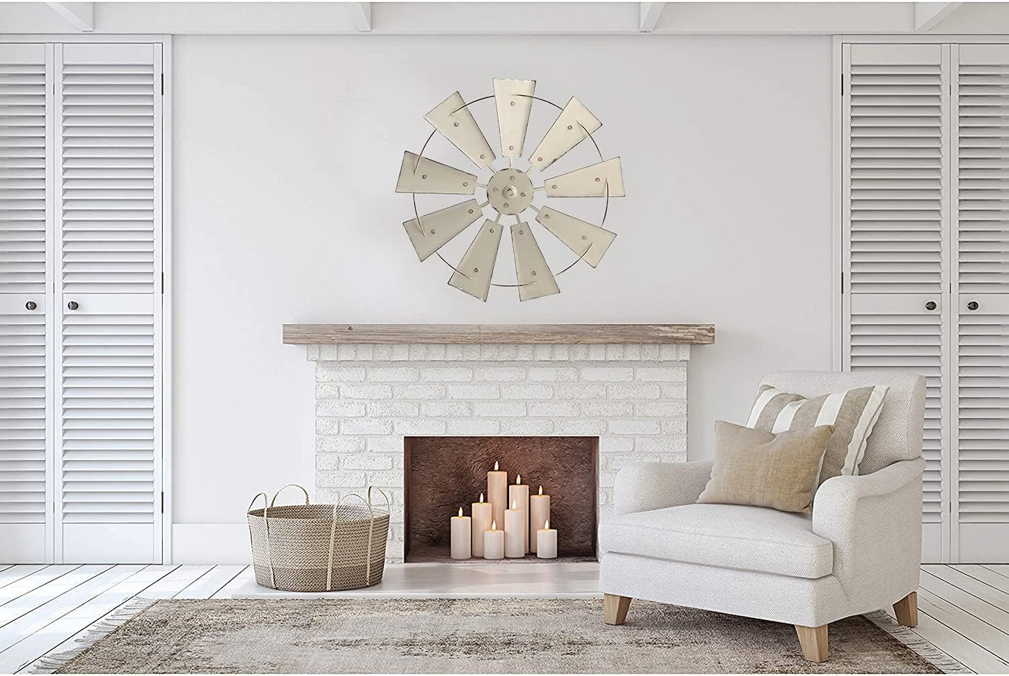 28" Farmhouse Galvanized Windmill Wall Sculpture Home Decor Rustic Metal Rustic Wall Art Decoration, Beige