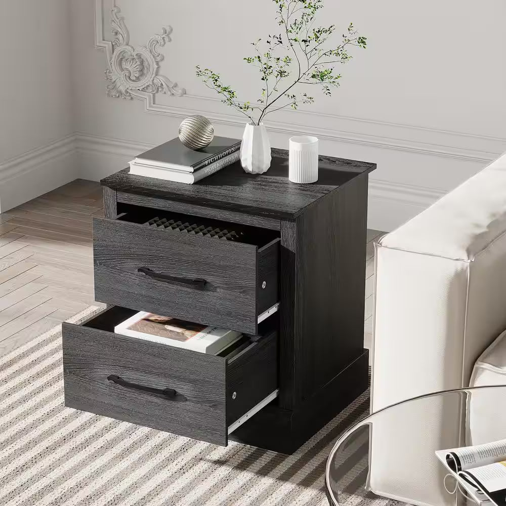 Dark Grey Oak 2-Drawer Nightstand Bedside Table Compact Sofa End Table