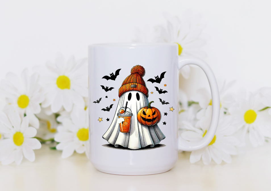 Prairie Chicken Sticker Shop & Gifts - Cute Ghost With Iced Coffee 15oz Coffee Mug