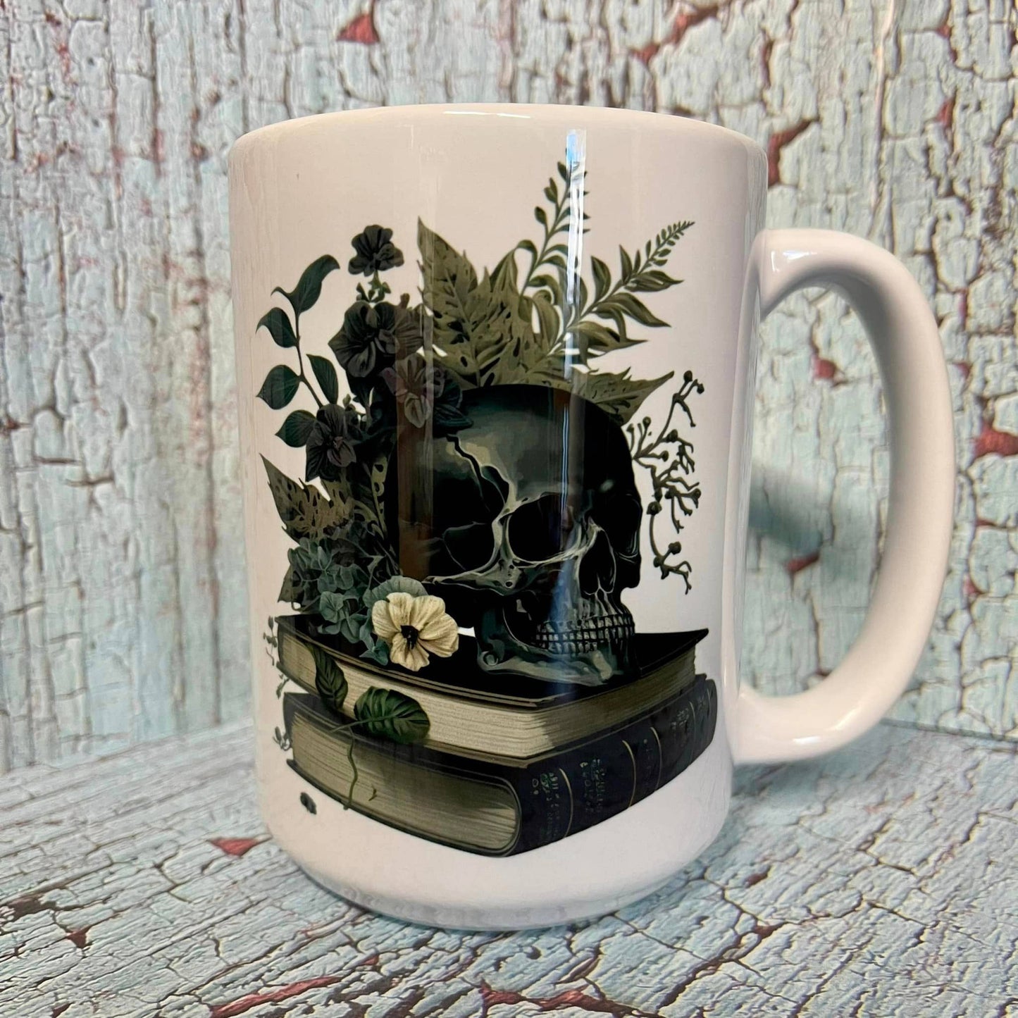 Prairie Chicken Sticker Shop & Gifts - Gothic Skull & Books 15oz Coffee Mug