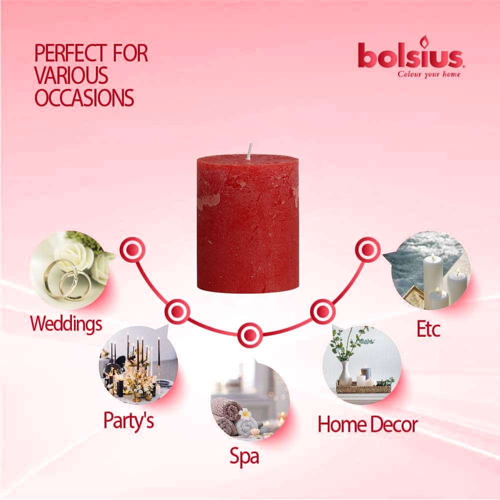 Rustic Red Unscented Pillar Candles - 2.75" X 3.25" Decoration Candles Set of 3 - Clean Burning Dripless Dinner Candles for Wedding & Home Decor Party Restaurant Spa- Aprox (80X68M)