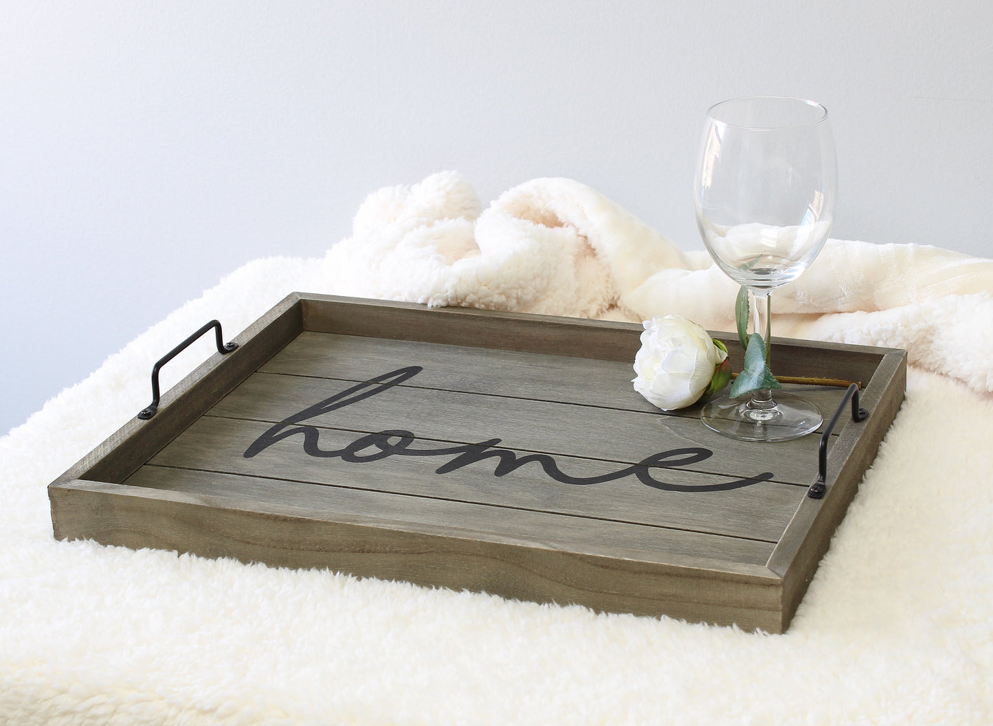 15.5" X 12" Decorative Wood Serving Tray, "Home", Rustic Gray