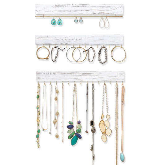 Jewelry Organizer Wall Mount Necklace Hanger White Wood Rustic Earring Rack