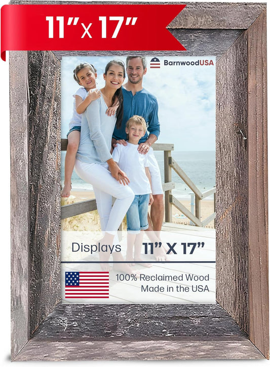 Farmhouse Style Rustic Picture Frame - Reclaimed Wood Photo Frame – Signature Wall Picture Frames for Living Room, Bedroom, Office Display - Wooden Frames for Décor Made in USA Natural Weathered Gray 11" X 17"