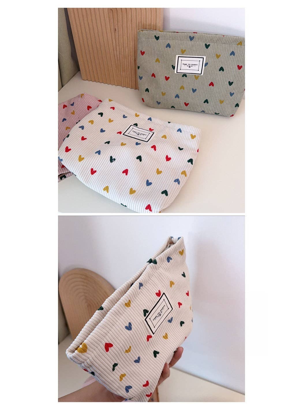 Funkyrel® Atzbranding Limited - Cosbai - Corduroy Zippered Makeup Pouch with Heart-shaped Patterns