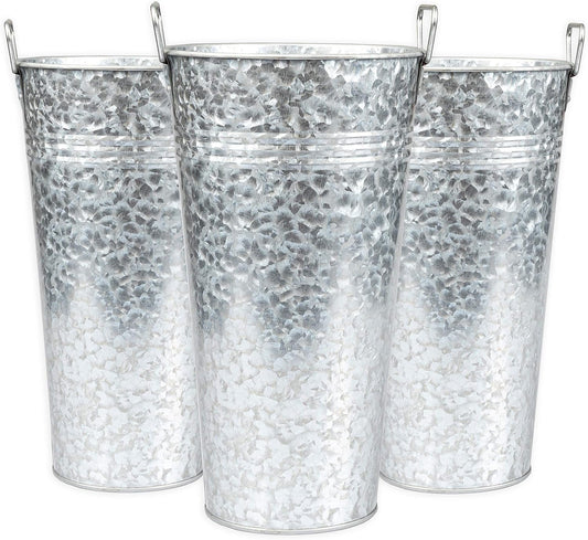 Galvanized Metal Flower Vase 3 Pack - 13" Tall Rustic Farmhouse Bucket Planter Pots