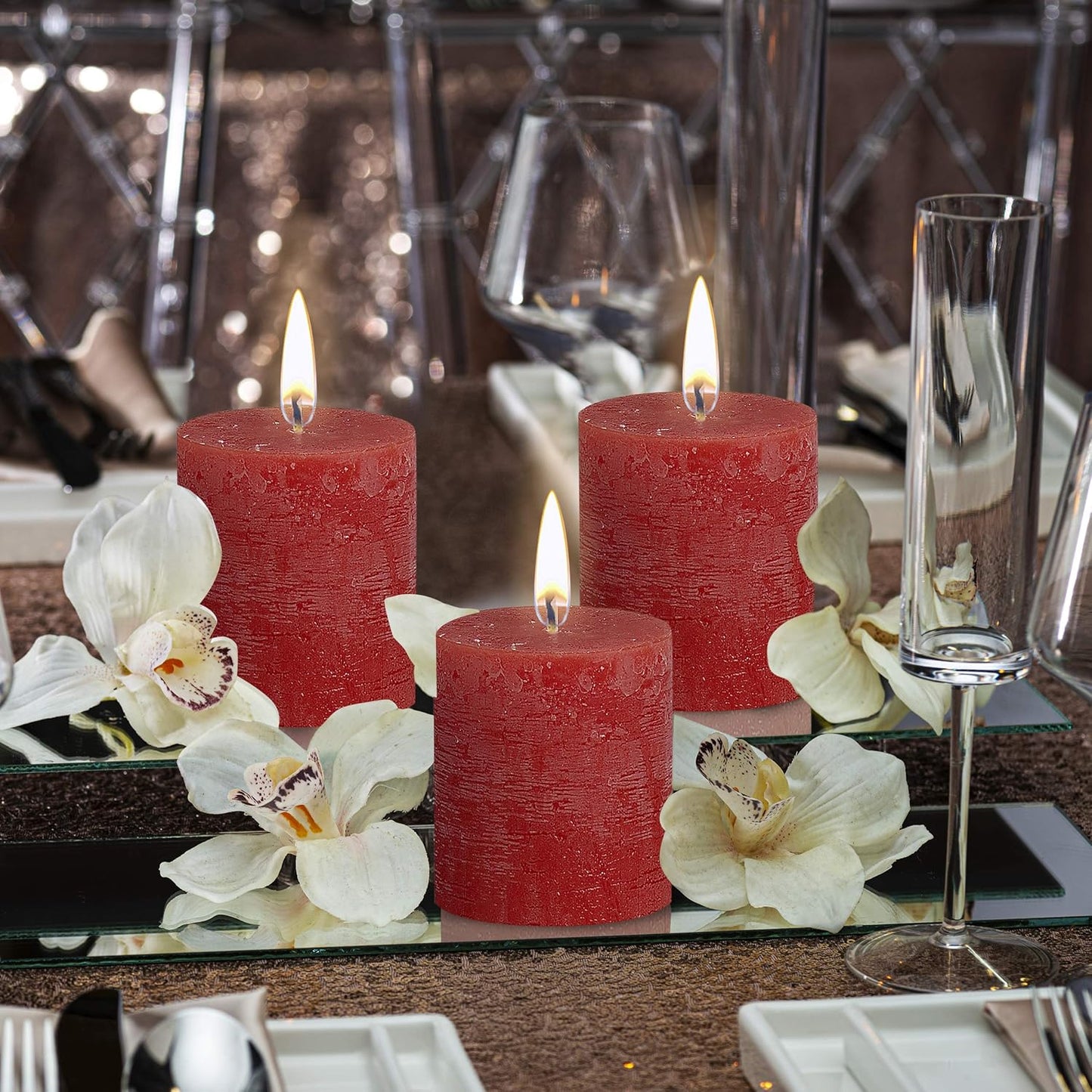 Rustic Red Unscented Pillar Candles - 2.75" X 3.25" Decoration Candles Set of 3 - Clean Burning Dripless Dinner Candles for Wedding & Home Decor Party Restaurant Spa- Aprox (80X68M)