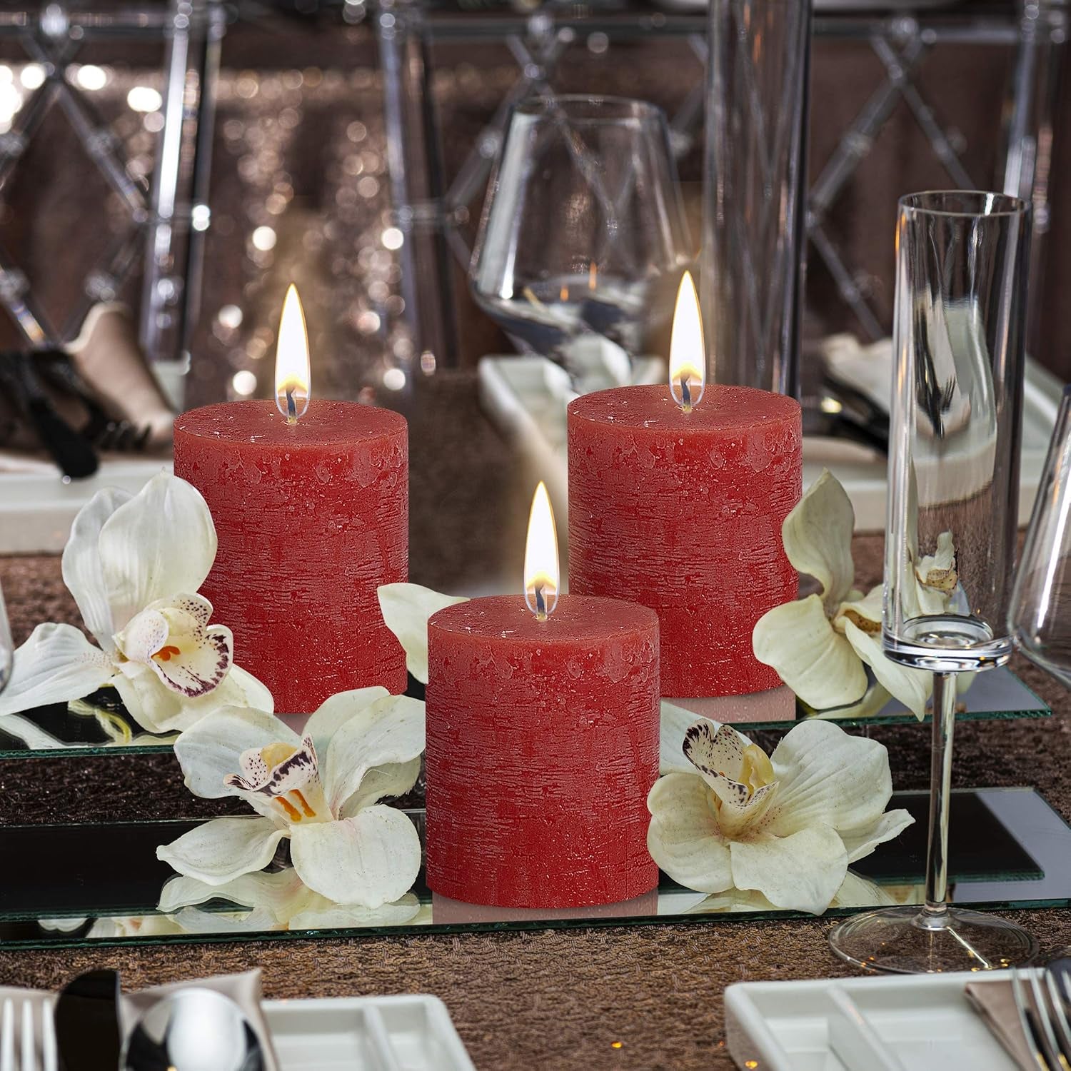 Rustic Red Unscented Pillar Candles - 2.75" X 3.25" Decoration Candles Set of 3 - Clean Burning Dripless Dinner Candles for Wedding & Home Decor Party Restaurant Spa- Aprox (80X68M)