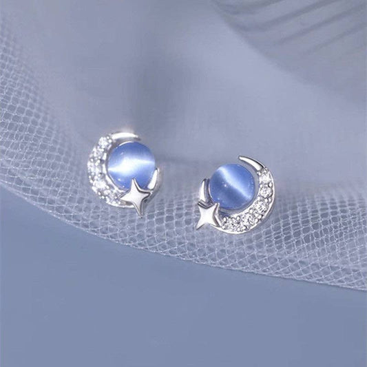 Perimade & Co. LLC - Blue Opal Moon Star Stud Earrings in 925 Sterling Silver