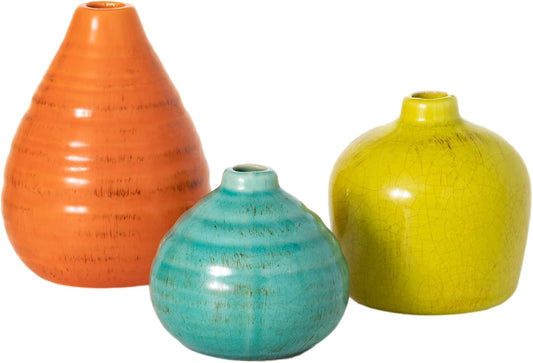 Ceramic Vase Set- 3 Small Vases, Rustic Home Décor, Modern Farmhouses; Ideal Shelf Décor, Table Décor, Bookshelf, Mantle, Multicolored (CM2219)