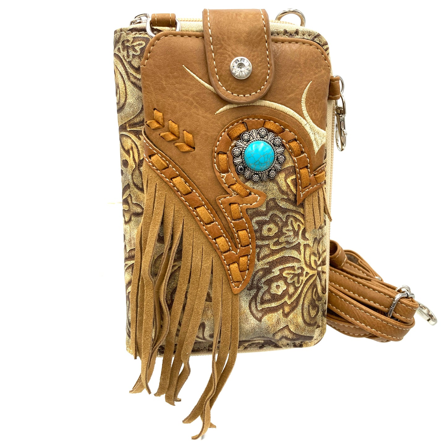 Lunar Deer - Turquoise Concho Fringe Crossbody Western Phone Wallet