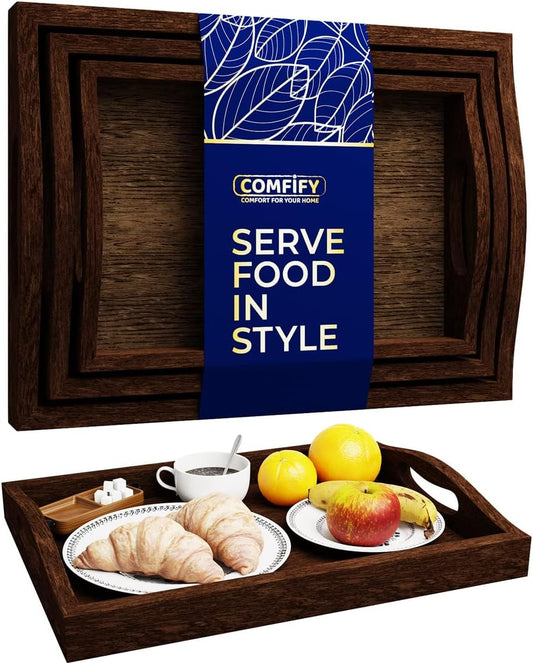 Serving Trays Set of 3 - Ottoman Wood Trays for Entertainment, Food and Décor - Rustic Farmhouse Distressed Finish - Stained Wood Brown