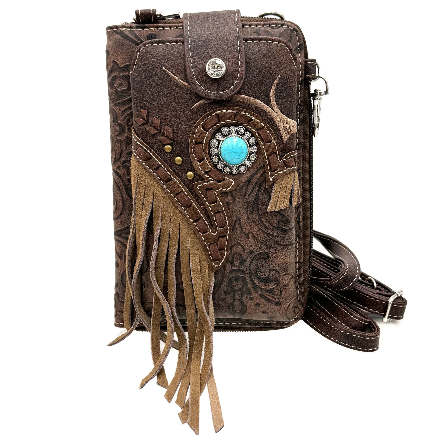 Lunar Deer - Turquoise Concho Fringe Crossbody Western Phone Wallet