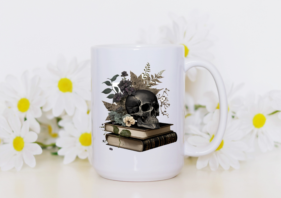 Prairie Chicken Sticker Shop & Gifts - Gothic Skull & Books 15oz Coffee Mug