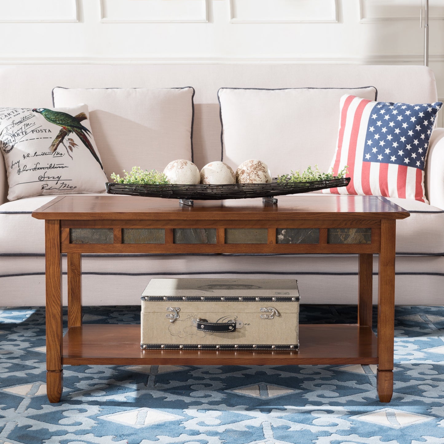 10058 Rustic Slate Tile Coffee Table with Shelf, Rustic Oak