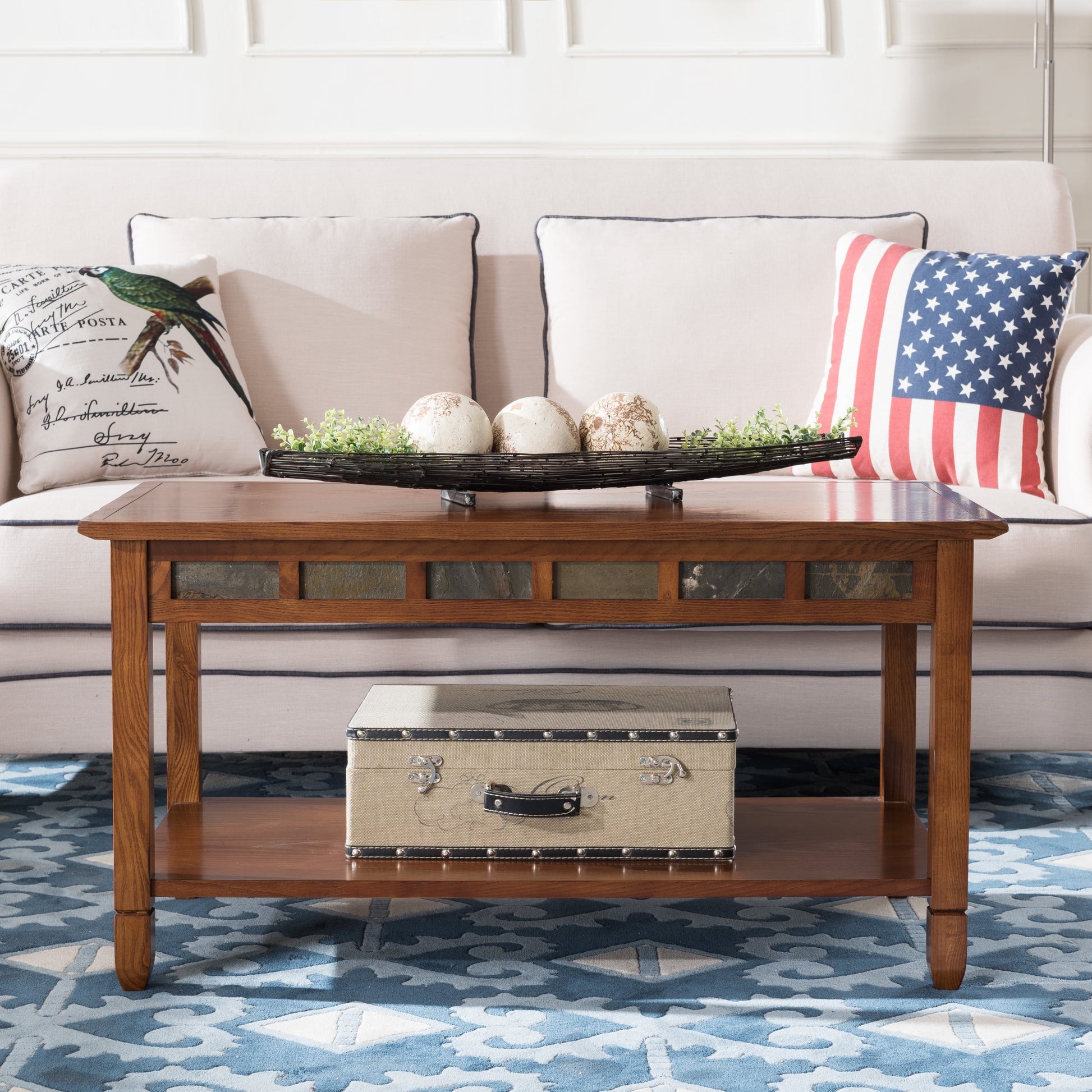 10058 Rustic Slate Tile Coffee Table with Shelf, Rustic Oak