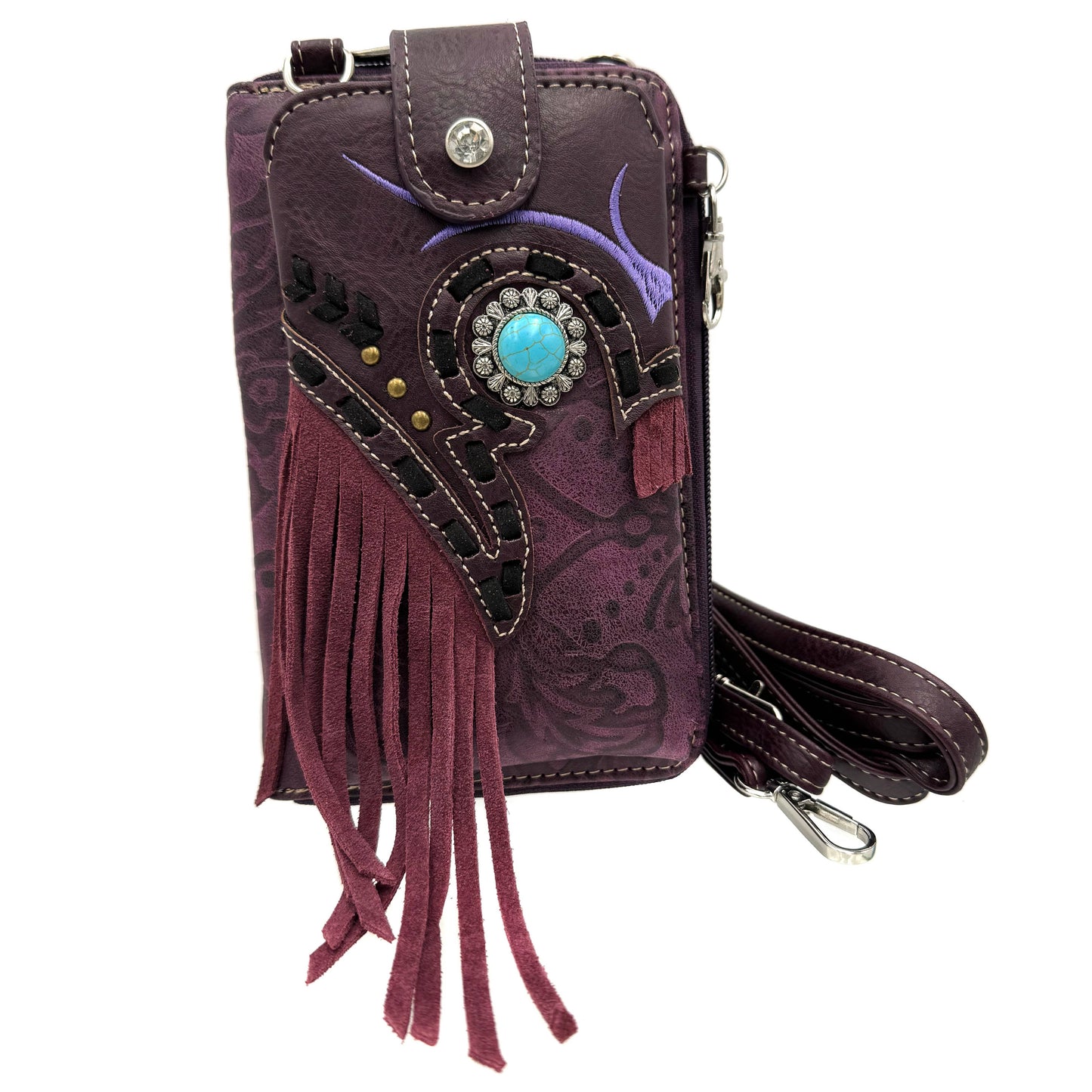 Lunar Deer - Turquoise Concho Fringe Crossbody Western Phone Wallet