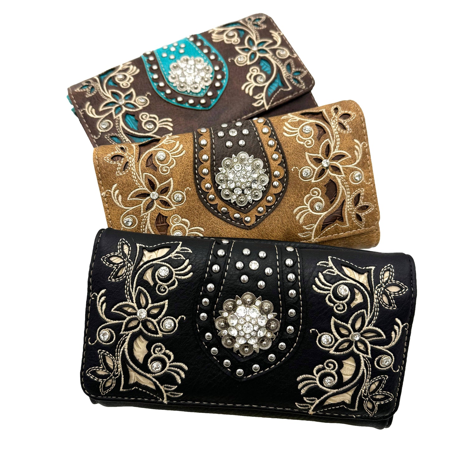 Lunar Deer - Rhinestone Concho Floral Crossbody Wallet