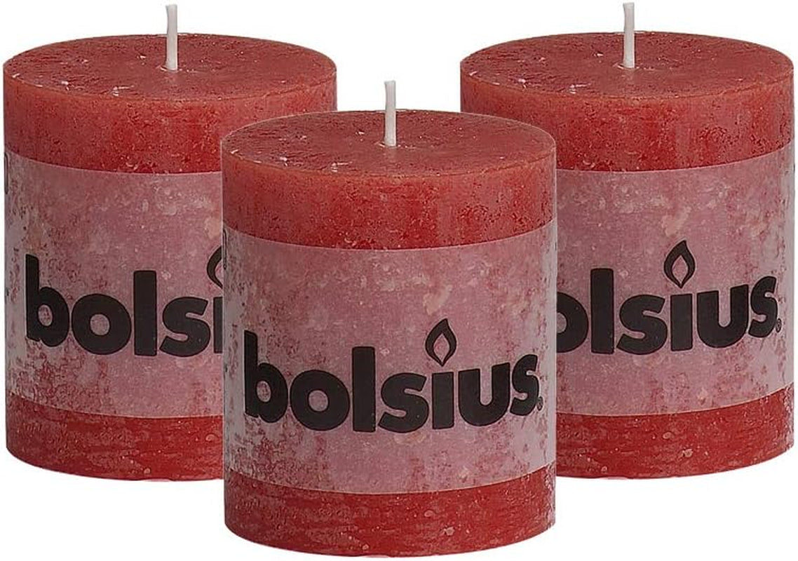 Rustic Red Unscented Pillar Candles - 2.75" X 3.25" Decoration Candles Set of 3 - Clean Burning Dripless Dinner Candles for Wedding & Home Decor Party Restaurant Spa- Aprox (80X68M)