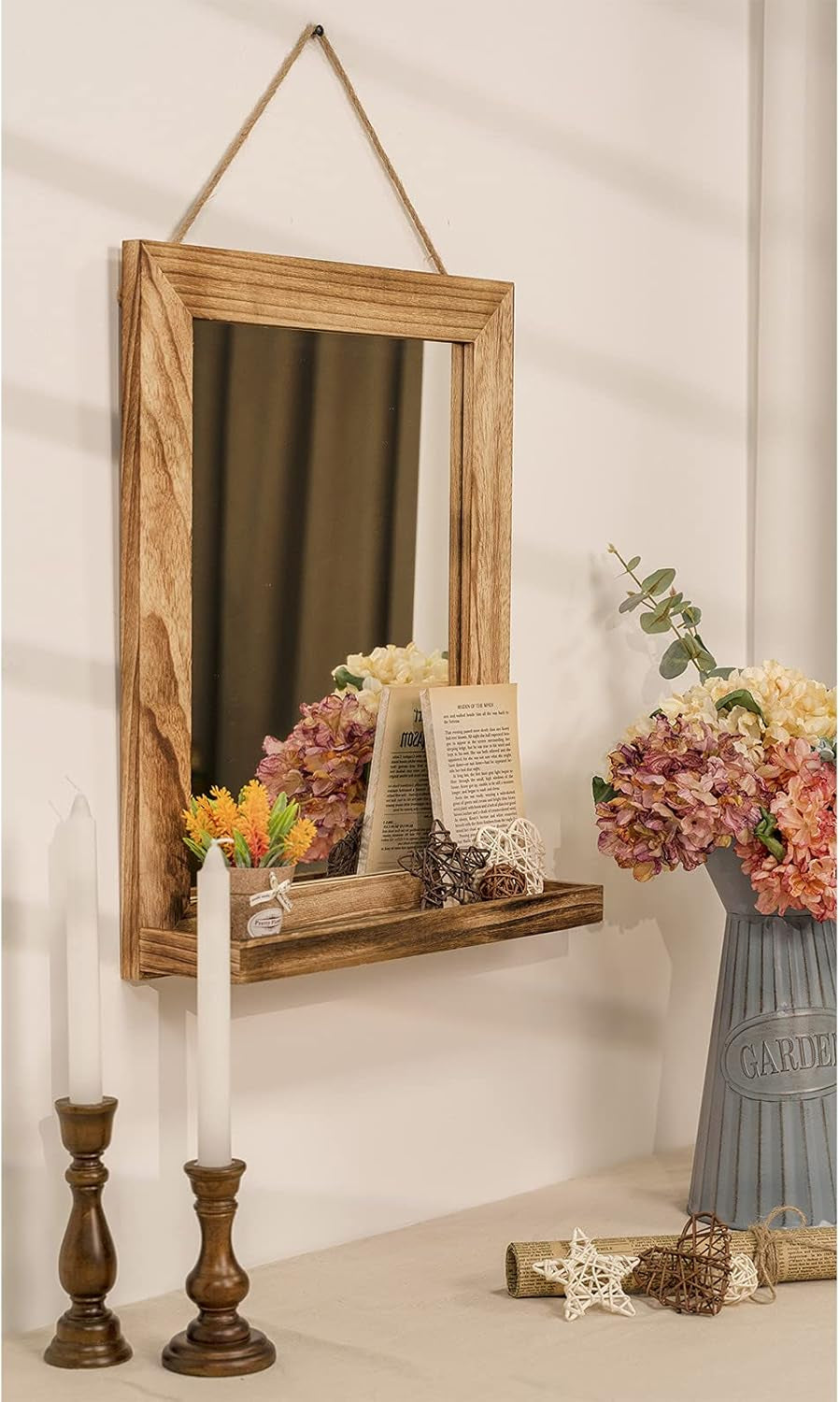 Wall Mirror with Shelf, 20 X 16 Inch Farmhouse Decor Wall Mirror Hanging for Bathroom, Vanity, Bedroom, Entryway, Living Room (Rustic Brown)