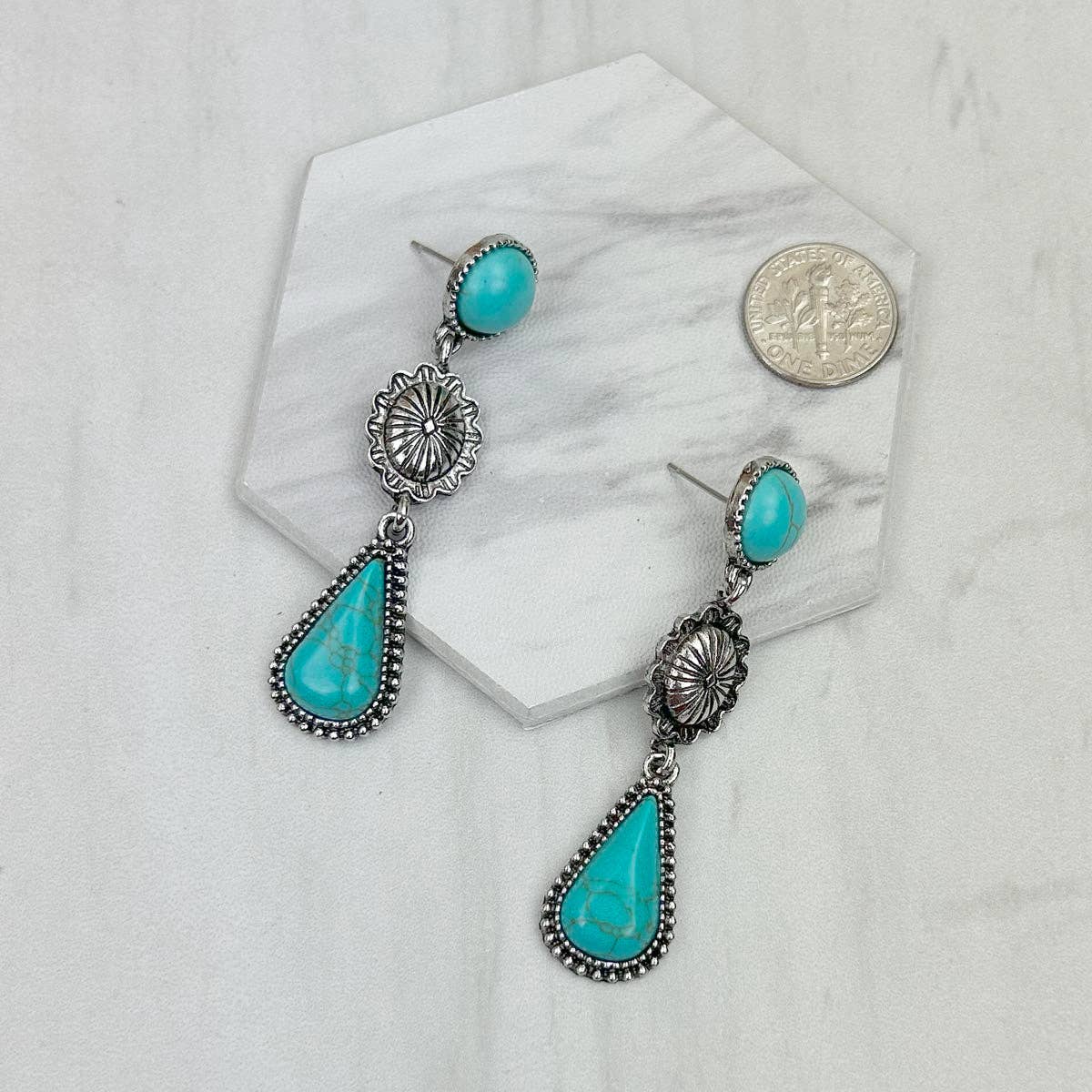 Western Elite Jewelry - ER231217-72                 Silver metal with blue turquoise stone teardrop Earrings