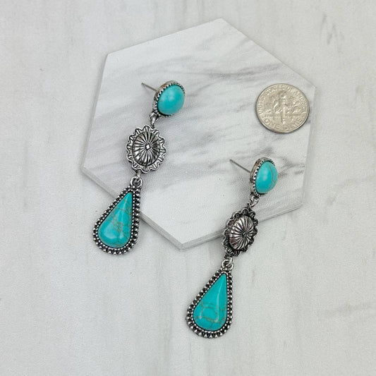 Western Elite Jewelry - ER231217-72                 Silver metal with blue turquoise stone teardrop Earrings