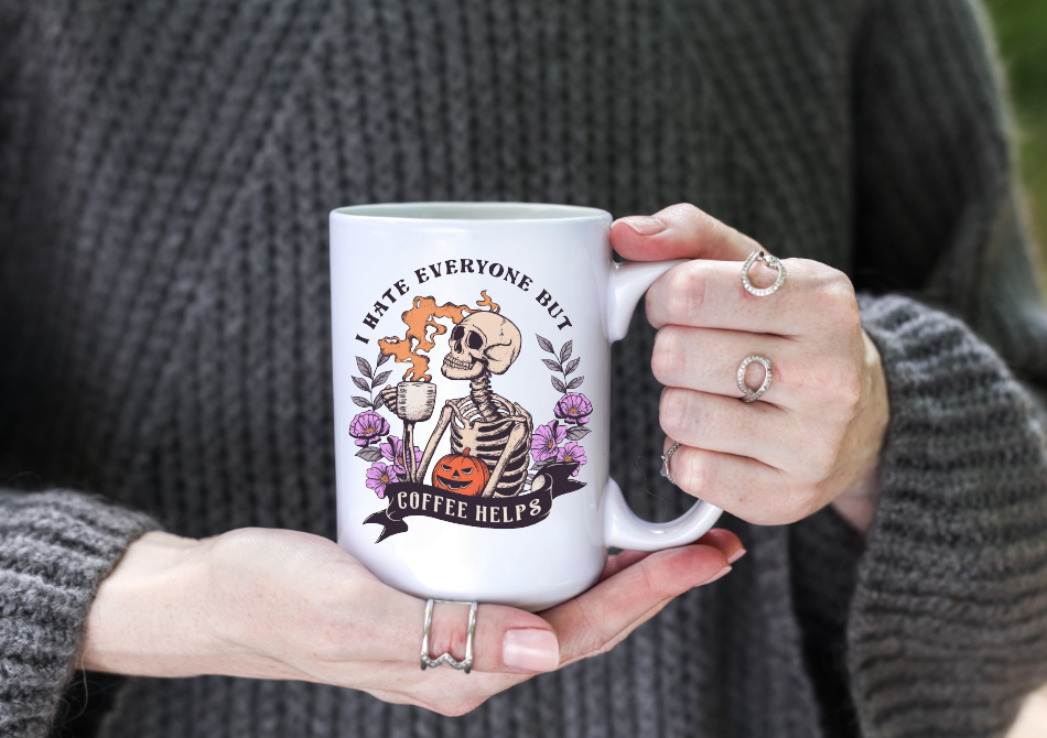 Prairie Chicken Sticker Shop & Gifts - I Hate Everyone But Coffee Helps Halloween 15oz Coffee Mug